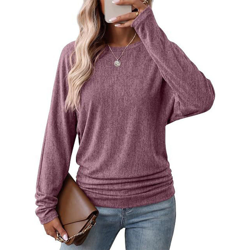 Women's Casual Loose Crew Neck Long Sleeve Knit Sweater with Drop Shoulder Batwing Sleeves and Side Ruched Design