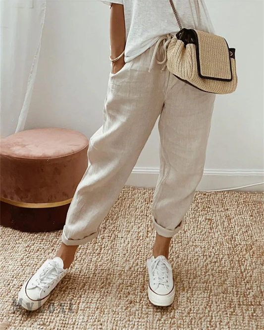 👖🌿 Ležérní bavlněné a lněné kalhoty pro ženy – prodyšné, s vysokým pasem a délkou po kotníky ✨☀️