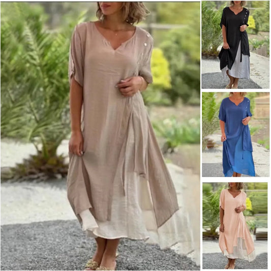 🔥👗 Falešné dvoudílné asymetrické šaty s krátkým rukávem