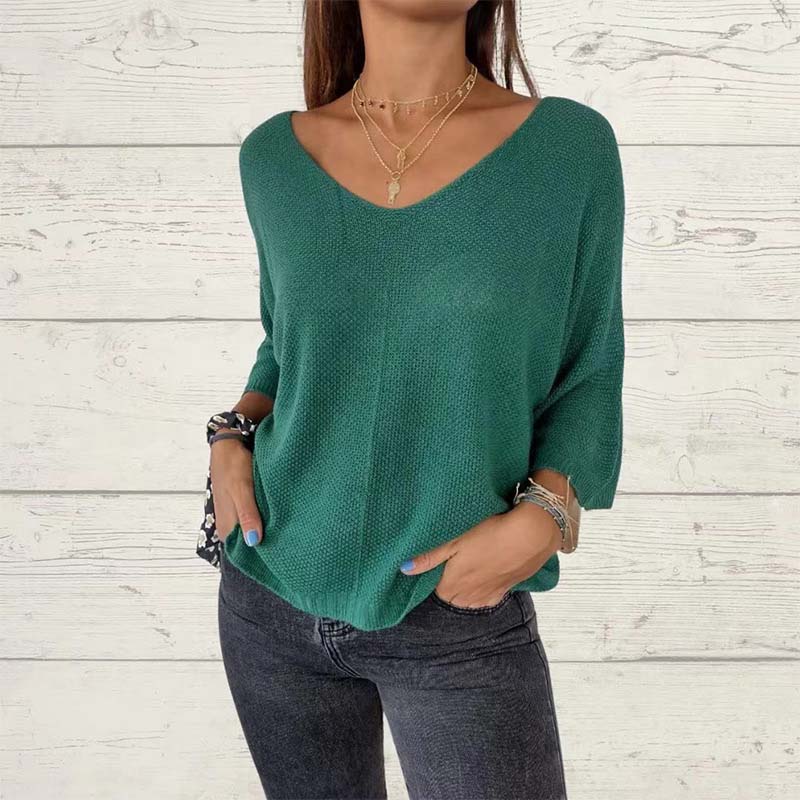 S-4XL💋Damska dzianinowa koszulka z nietoperzowym rękawem V-Neck w jednolitym kolorze