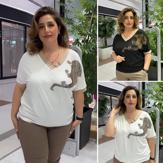 Dámský ležérní elegantní top s potiskem a výstřihem do V