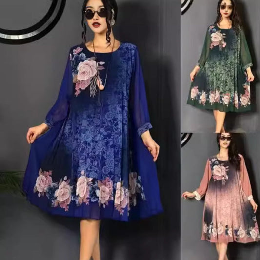Women’s Floral Print Round-Neck Mesh Sleeve Dress