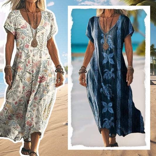 Elegantní dámské šaty volného střihu se srdíčkovým výstřihem a potiskem