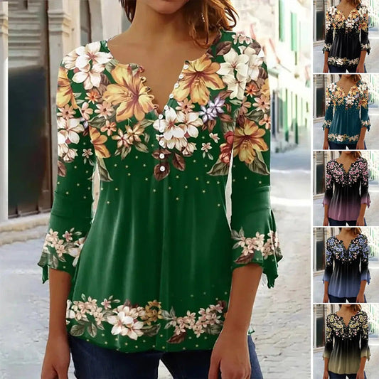 Dámské elegantní květinové tisk V-Neck Top