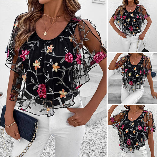 Dámské tričko s potiskem Mesh Patchwork Top