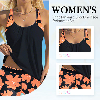 👙 Dámský dvoudílný plavecký set s potiskem Tankini a šortky