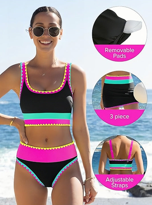 🌼 Třídílné sportovní bikiny z nylonu s barevnými bloky