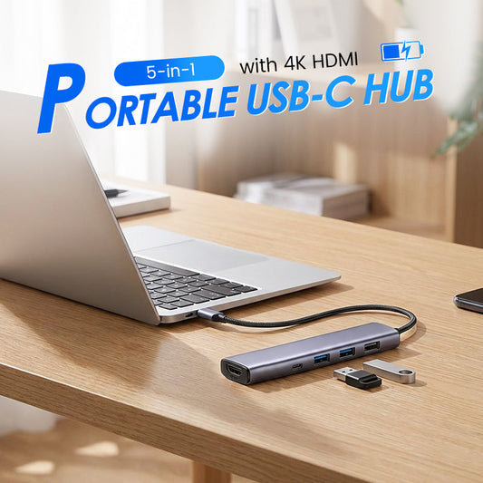 Přenosný rozbočovač 5 v 1 s rozhraním USB-C a 4K HDMI výstupem