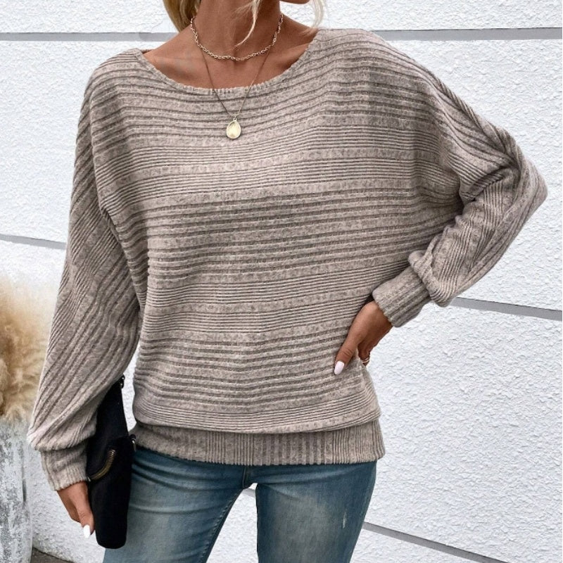 🥳2026 HOT SALE🥳 Solid Round-Neck Striped Top with Long Sleeves