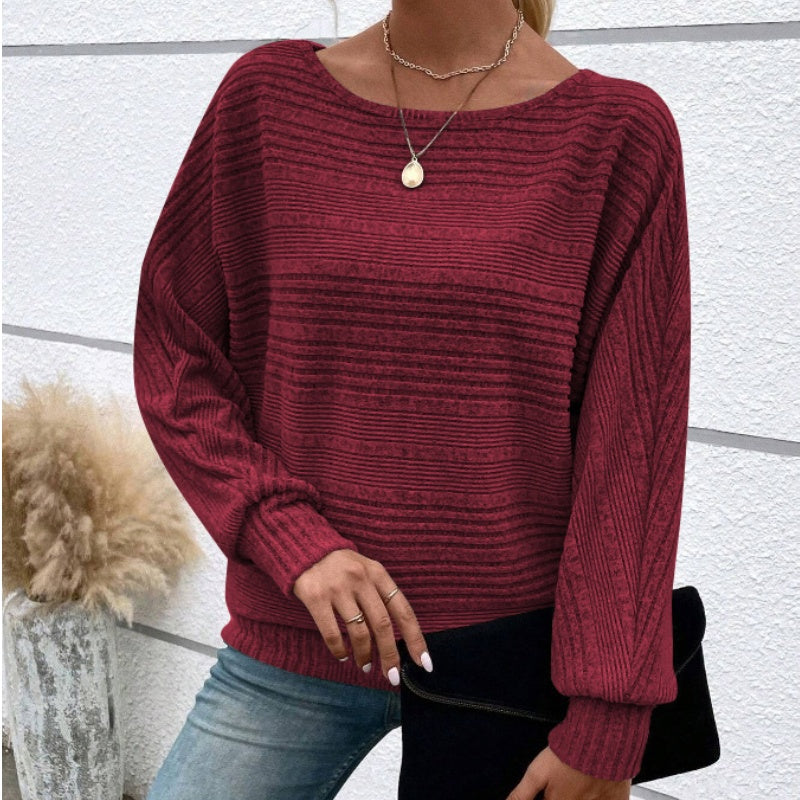 🥳2026 HOT SALE🥳 Solid Round-Neck Striped Top with Long Sleeves