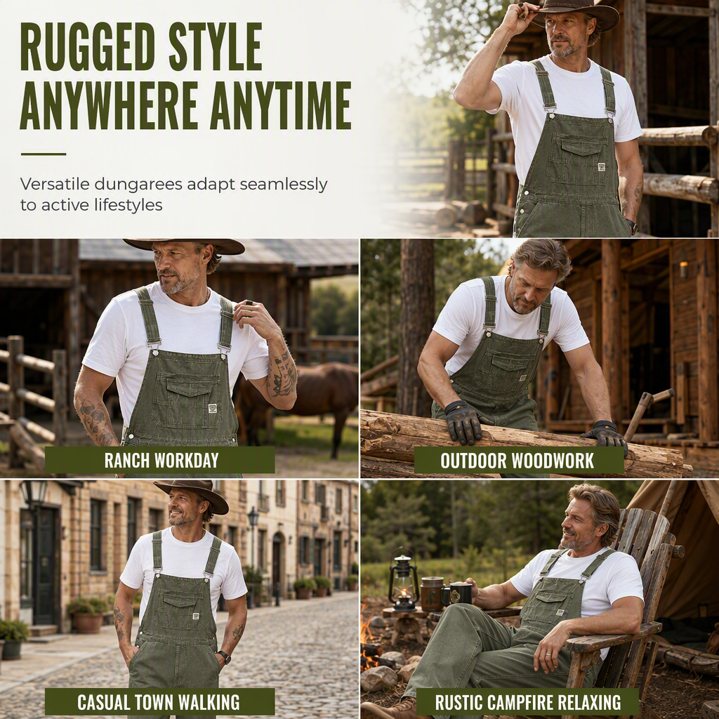 Men's Heavyweight Cotton Denim Overalls Relaxed Fit Straight Leg Dungarees with Multi Pocket Utility