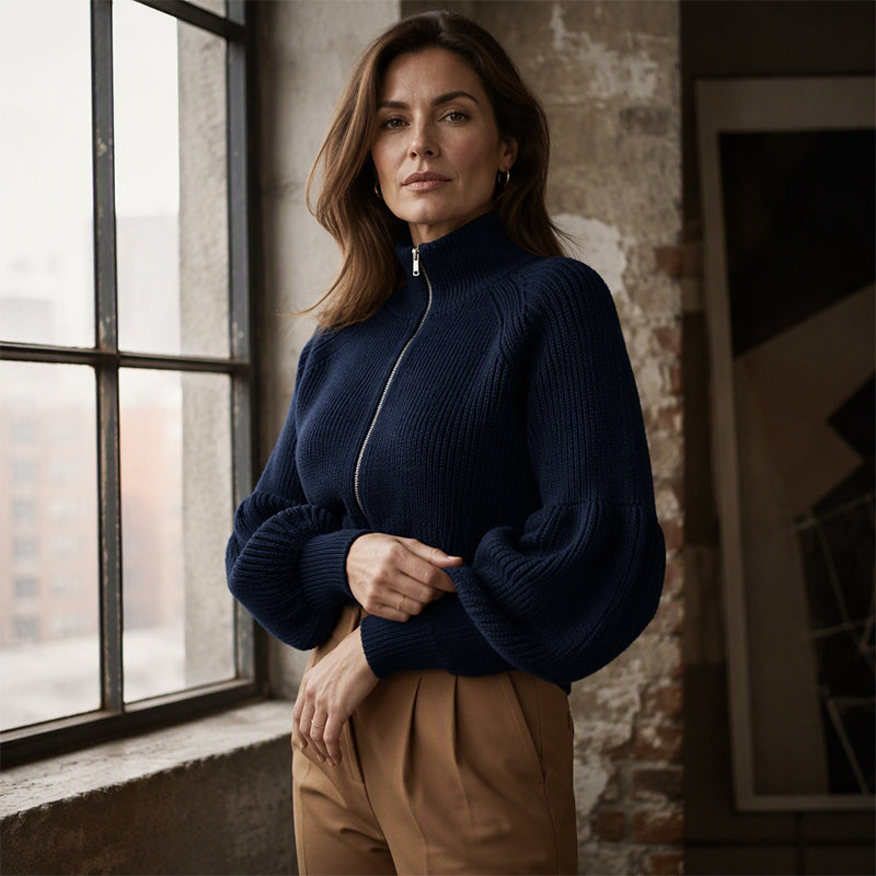 Women's Lantern Sleeve Zip-Up Knit Sweater