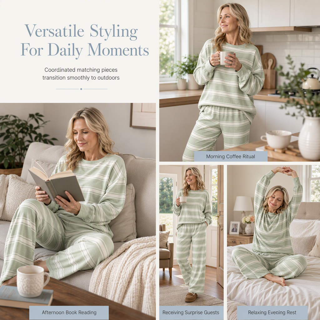 Womens Casual Long Sleeve Top and Pants Two Piece Set Fashion Striped Lounge Set