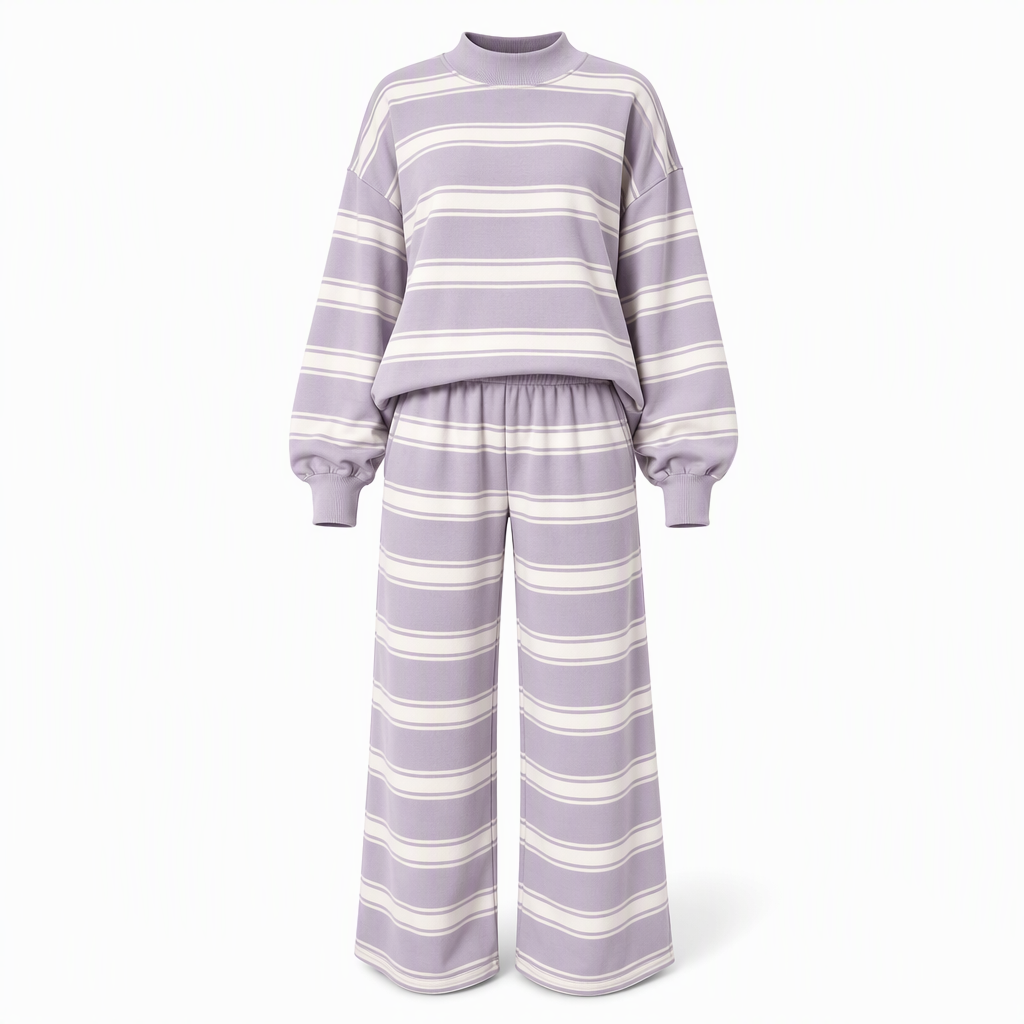 Womens Casual Long Sleeve Top and Pants Two Piece Set Fashion Striped Lounge Set