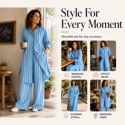 👖 Women's Striped Longline Shirt & Wide-Leg Pants Set – Effortless Style in One Set ✨