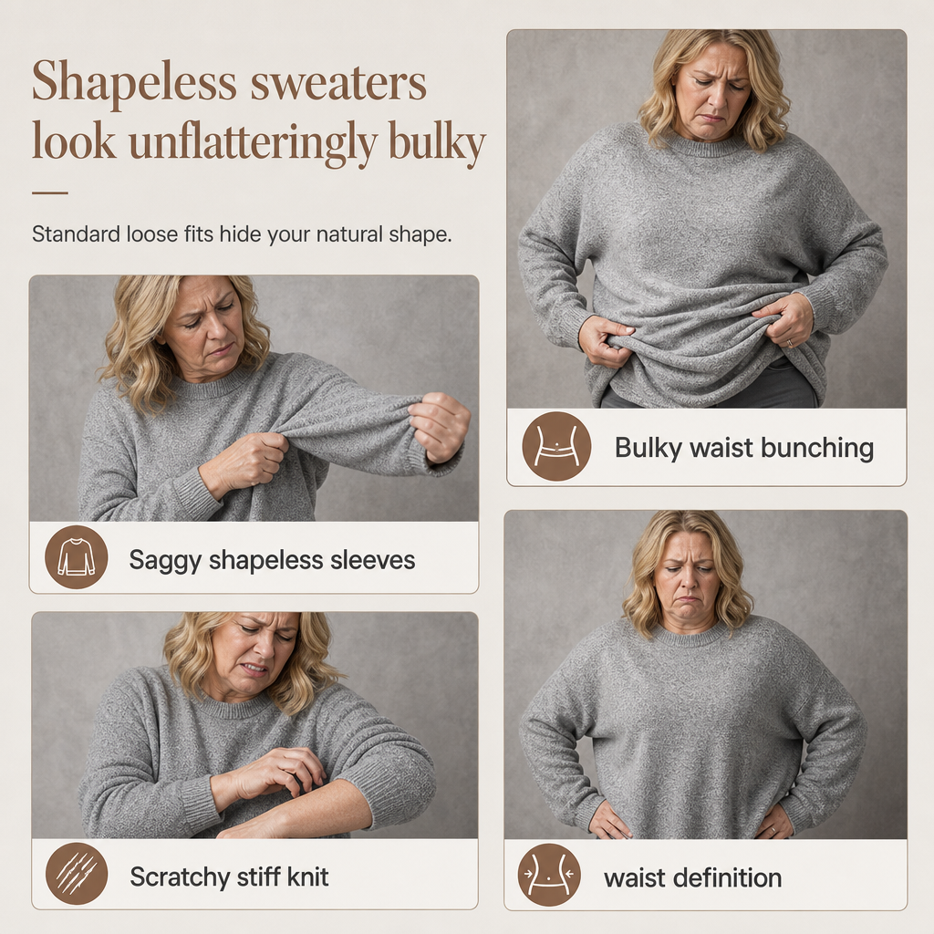 Women's Casual Loose Crew Neck Long Sleeve Knit Sweater with Drop Shoulder Batwing Sleeves and Side Ruched Design