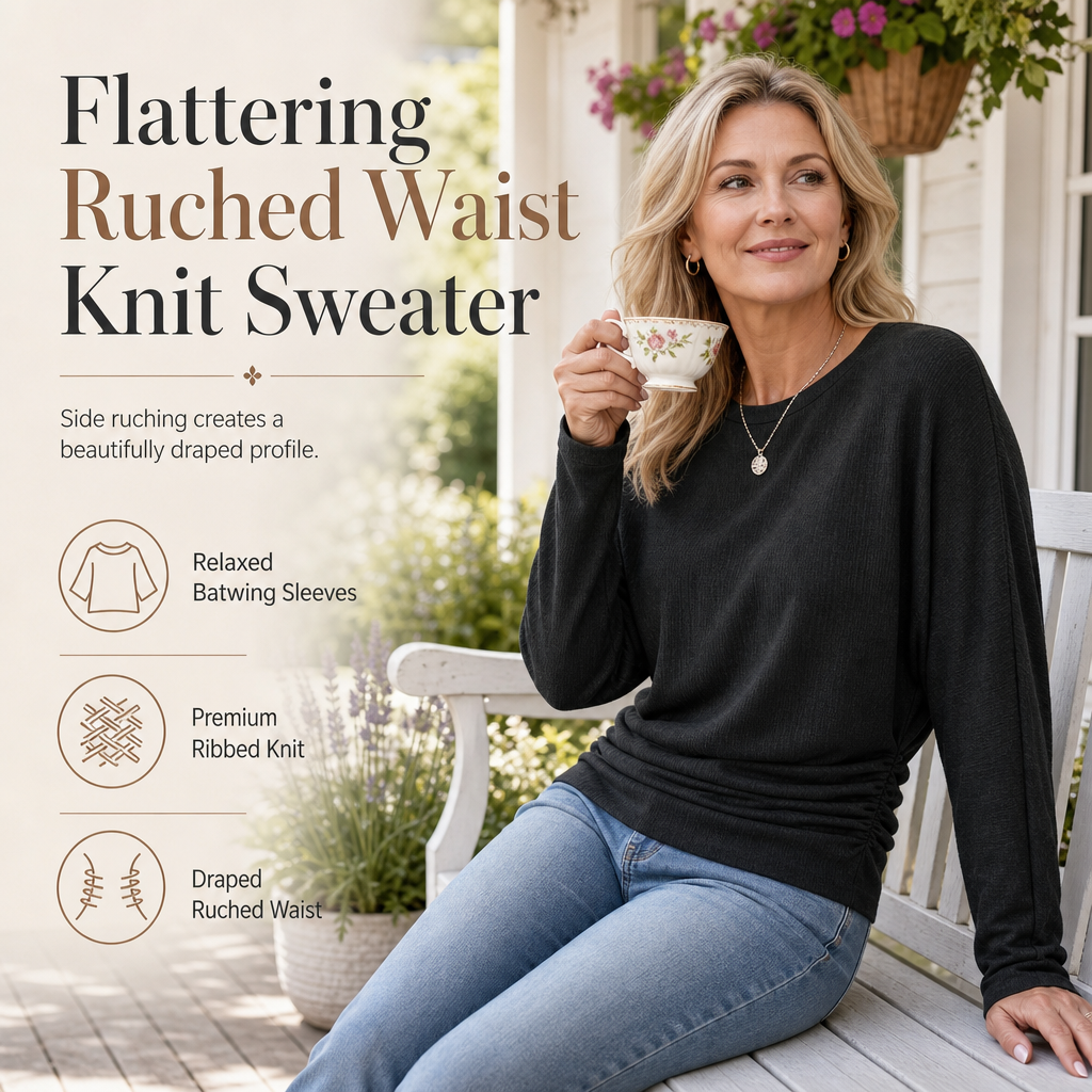 Women's Casual Loose Crew Neck Long Sleeve Knit Sweater with Drop Shoulder Batwing Sleeves and Side Ruched Design