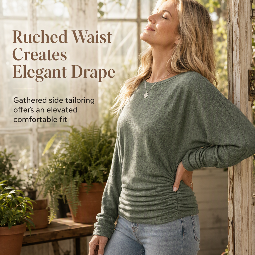 Women's Casual Loose Crew Neck Long Sleeve Knit Sweater with Drop Shoulder Batwing Sleeves and Side Ruched Design