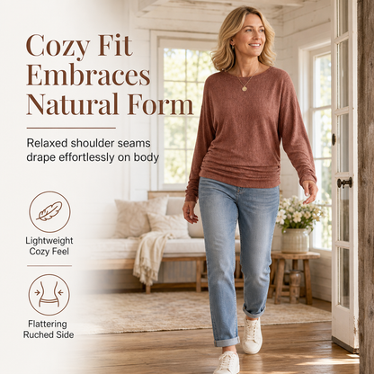 Women's Casual Loose Crew Neck Long Sleeve Knit Sweater with Drop Shoulder Batwing Sleeves and Side Ruched Design