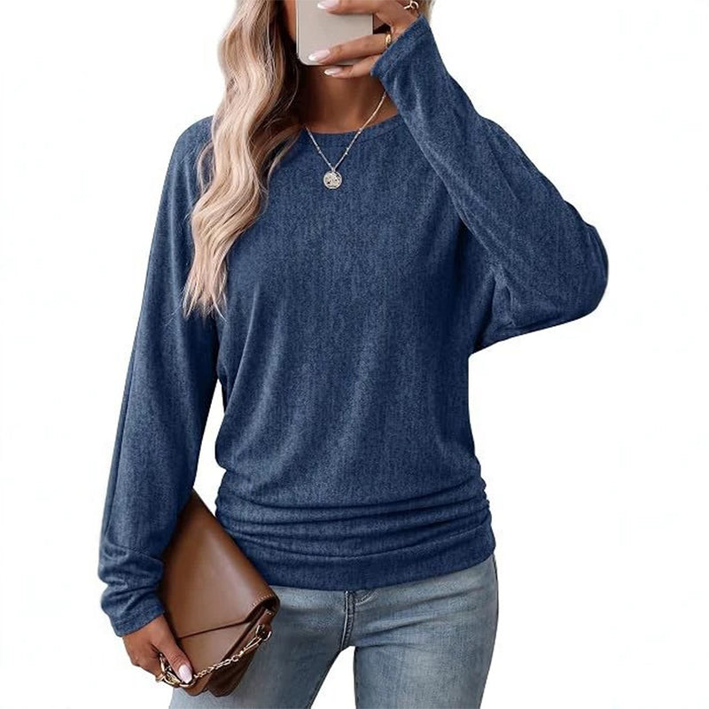Women's Casual Loose Crew Neck Long Sleeve Knit Sweater with Drop Shoulder Batwing Sleeves and Side Ruched Design