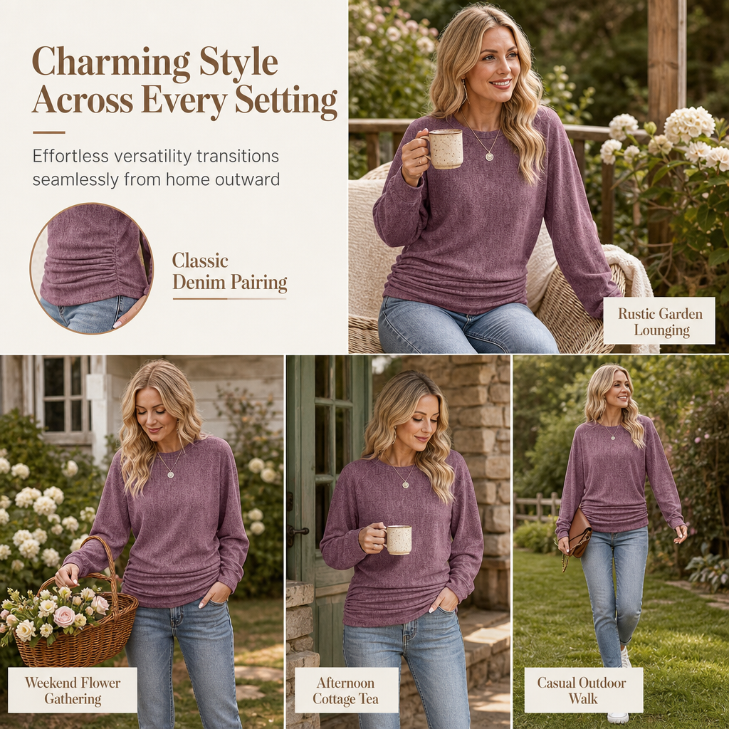 Women's Casual Loose Crew Neck Long Sleeve Knit Sweater with Drop Shoulder Batwing Sleeves and Side Ruched Design