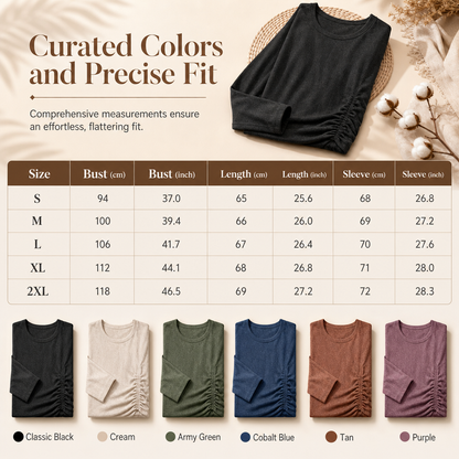 Women's Casual Loose Crew Neck Long Sleeve Knit Sweater with Drop Shoulder Batwing Sleeves and Side Ruched Design