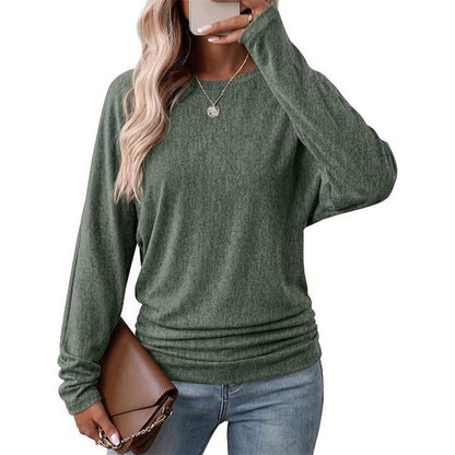 Women's Casual Loose Crew Neck Long Sleeve Knit Sweater with Drop Shoulder Batwing Sleeves and Side Ruched Design