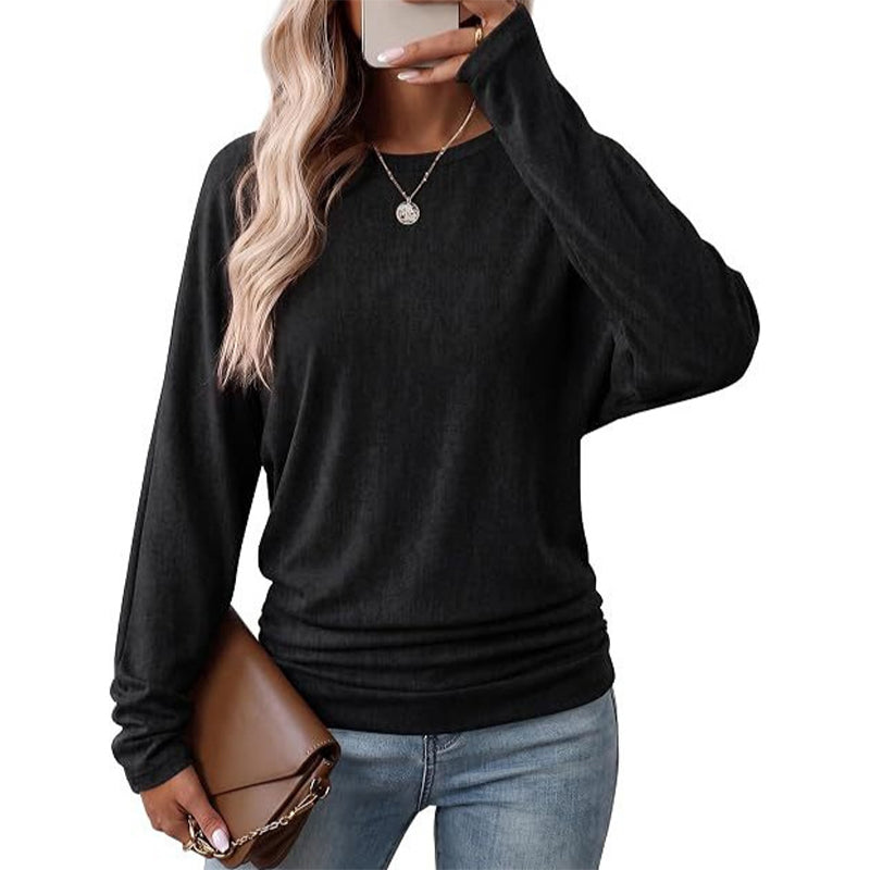 Women's Casual Loose Crew Neck Long Sleeve Knit Sweater with Drop Shoulder Batwing Sleeves and Side Ruched Design