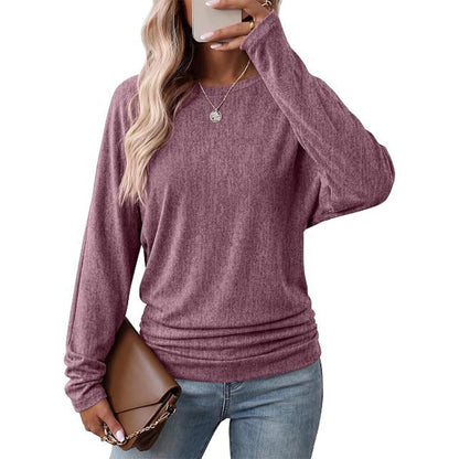 Women's Casual Loose Crew Neck Long Sleeve Knit Sweater with Drop Shoulder Batwing Sleeves and Side Ruched Design