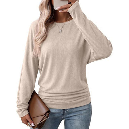 Women's Casual Loose Crew Neck Long Sleeve Knit Sweater with Drop Shoulder Batwing Sleeves and Side Ruched Design