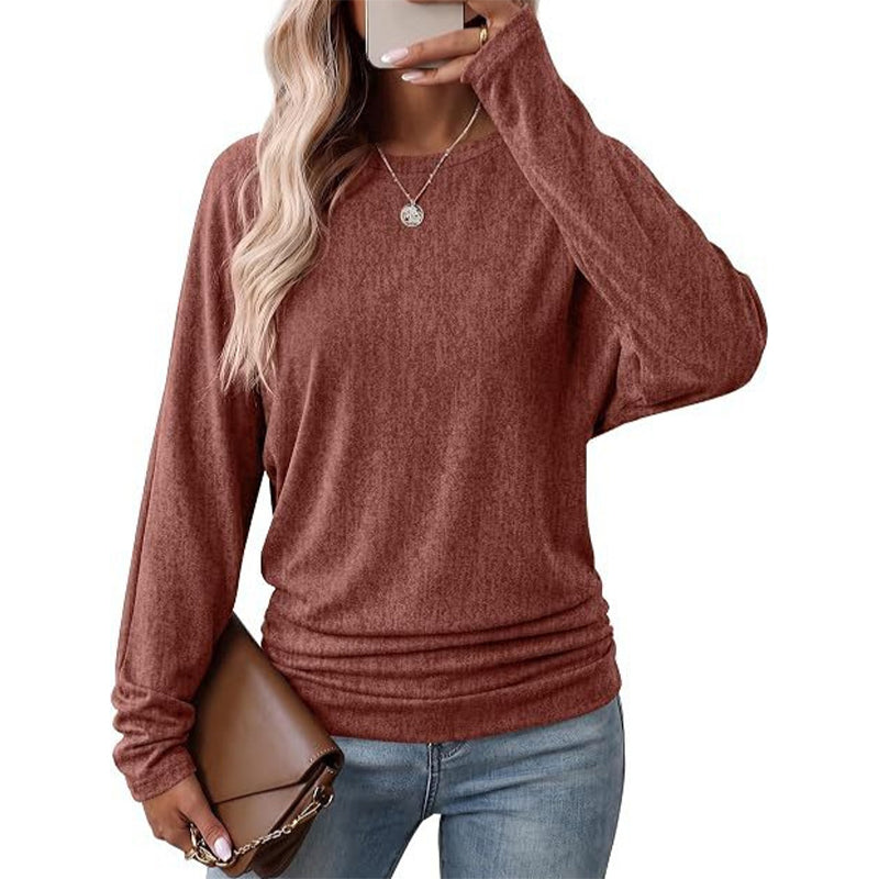 Women's Casual Loose Crew Neck Long Sleeve Knit Sweater with Drop Shoulder Batwing Sleeves and Side Ruched Design