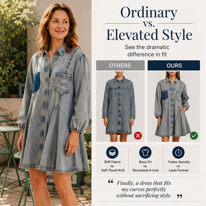 👗Waist-Defining, Comfortable Fit✨ Women's Lantern Sleeve Denim Dress – Cinched Waist & Comfortable Fabric | Flattering Silhouette ✨