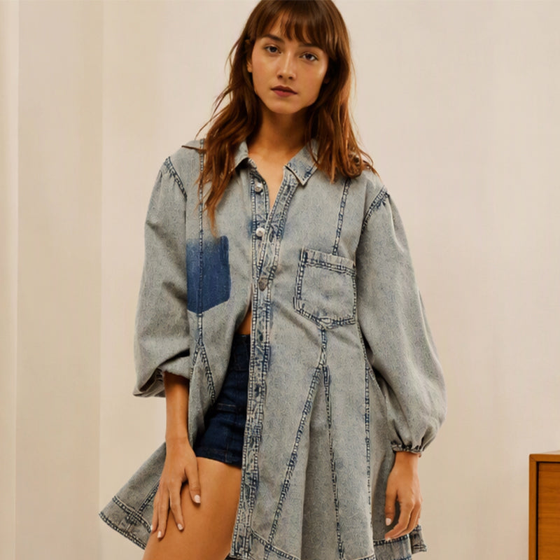 👗Waist-Defining, Comfortable Fit✨ Women's Lantern Sleeve Denim Dress – Cinched Waist & Comfortable Fabric | Flattering Silhouette ✨