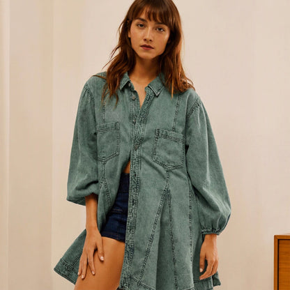 👗Waist-Defining, Comfortable Fit✨ Women's Lantern Sleeve Denim Dress – Cinched Waist & Comfortable Fabric | Flattering Silhouette ✨