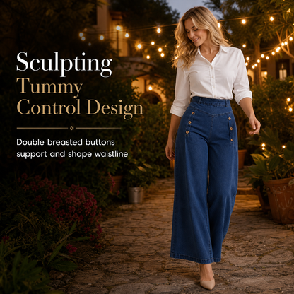 High Waisted Wide Leg Stretch Denim Jeans with Decorative Buttons