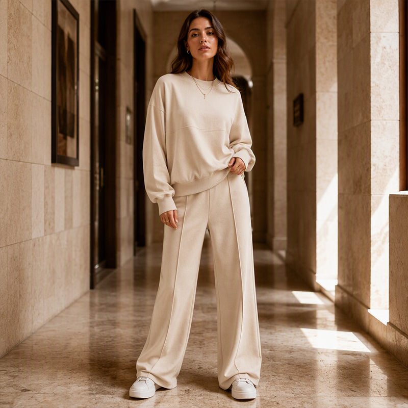 ✨ 50% OFF | Women's 2-Piece Crewneck & Wide-Leg Lounge Set – Soft Air-Knit