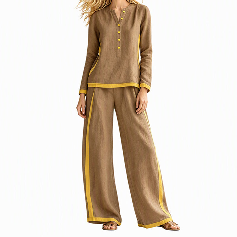 Women's Colorblock Long Sleeve Top & Wide-Leg Pants Set