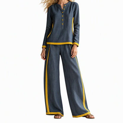 Women's Colorblock Long Sleeve Top & Wide-Leg Pants Set