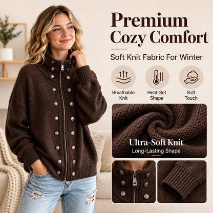 Women's Stand Collar Double-Breasted Knit Cardigan