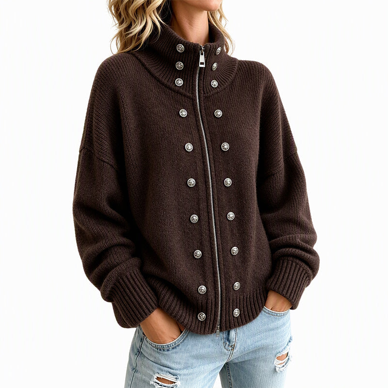 Women's Stand Collar Double-Breasted Knit Cardigan