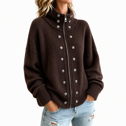Women's Stand Collar Double-Breasted Knit Cardigan