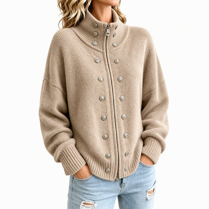 Women's Stand Collar Double-Breasted Knit Cardigan