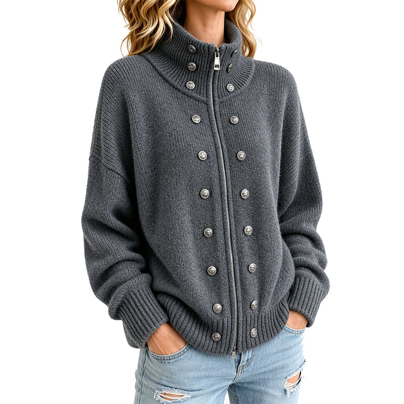 Women's Stand Collar Double-Breasted Knit Cardigan