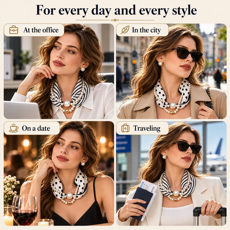 🧣 Pearl Scarf Necklace – Timeless Elegance, Adjustable Bow & Piercing-Free Jewellery 🤍