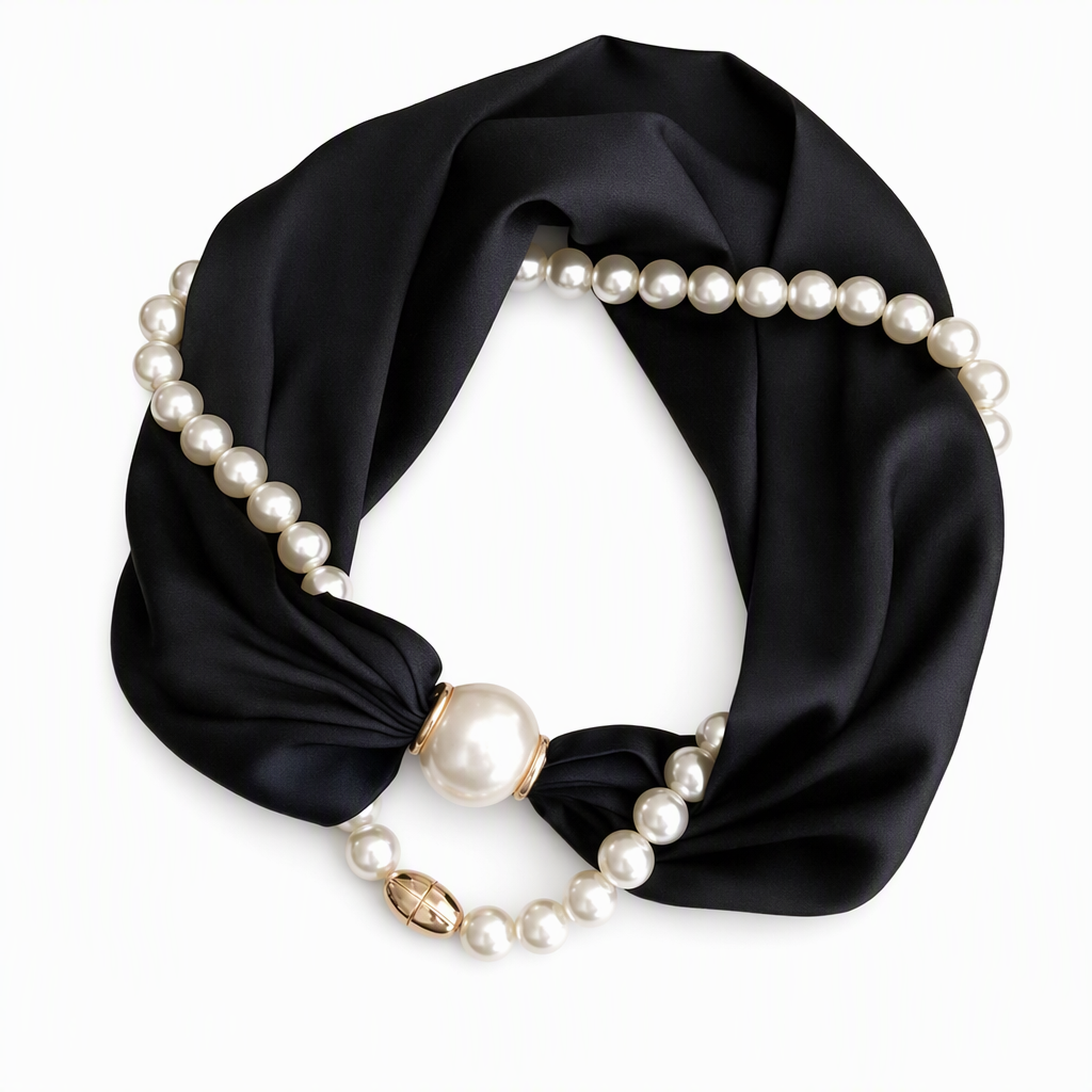 🧣 Pearl Scarf Necklace – Timeless Elegance, Adjustable Bow & Piercing-Free Jewellery 🤍