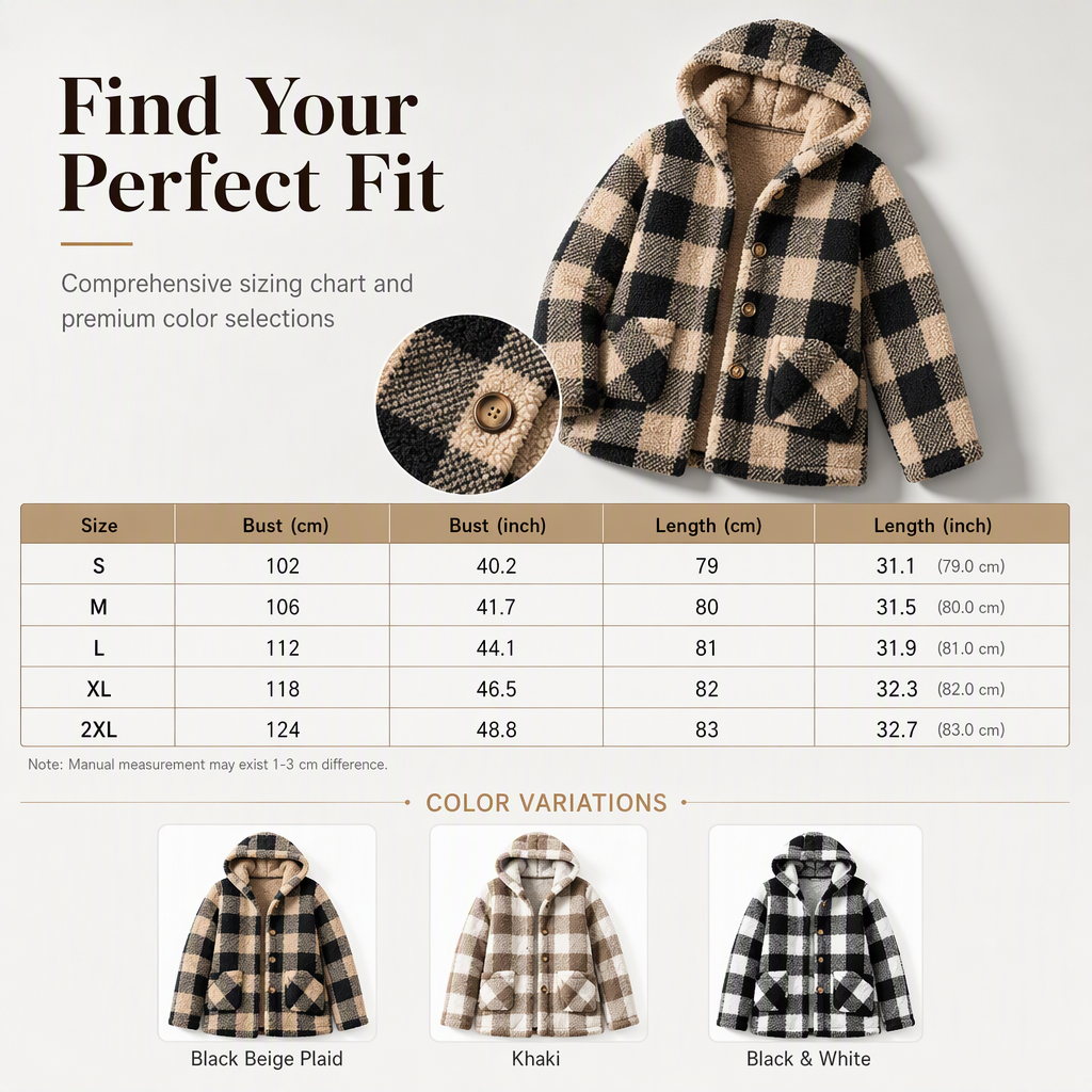 Women's Long Sleeve Plaid Faux Shearling Hooded Coat