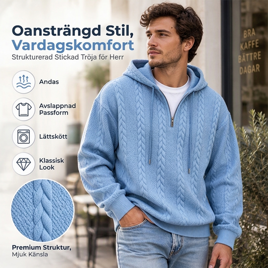Herrtröja med kabelstickad halvdragkedja och huva