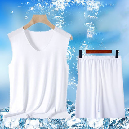 Męski 2-częściowy zestaw Ice Silk Tank & Shorts z dekoltem w szpic