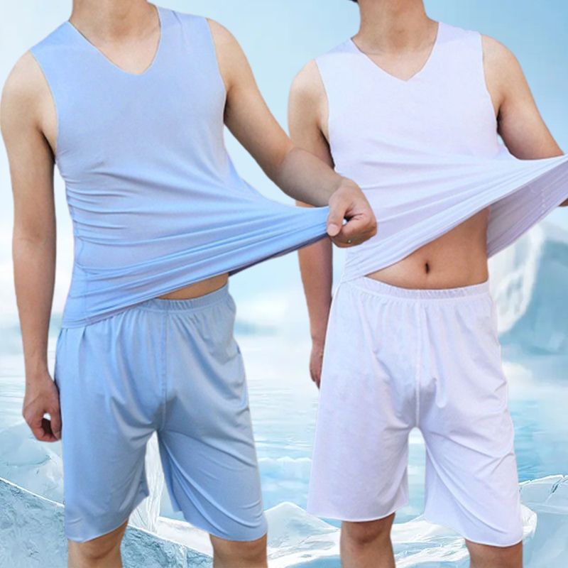 Męski 2-częściowy zestaw Ice Silk Tank & Shorts z dekoltem w szpic