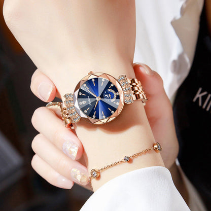 Modny zegarek z księżycem i diamentową gwiazdą dla kobiet